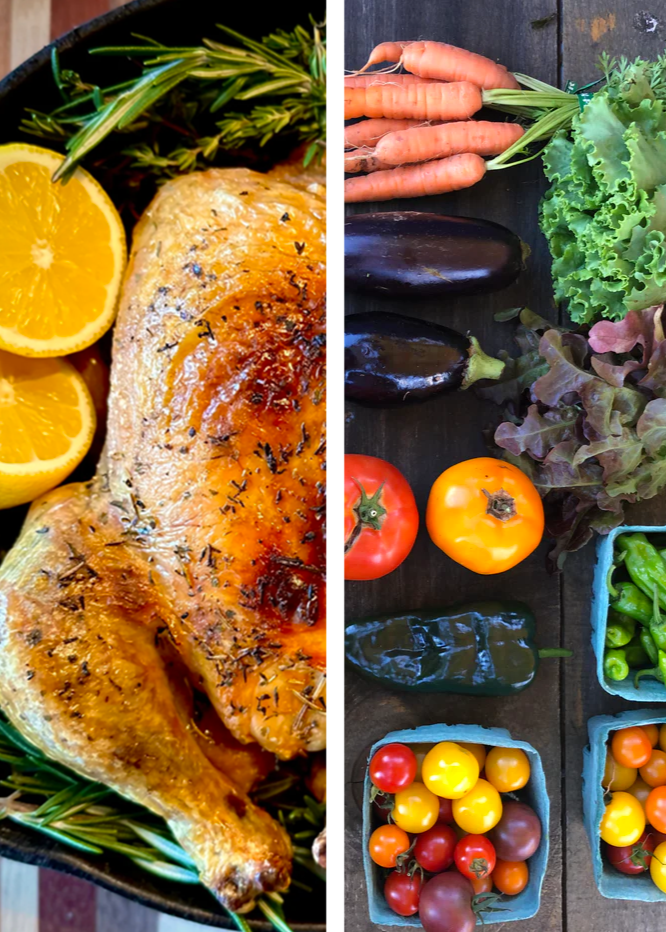 A split image showing on the left side roasted chicken with lemon and herbs and on the right side various fresh vegetables including carrots, lettuce, tomatoes, and cucumbers.